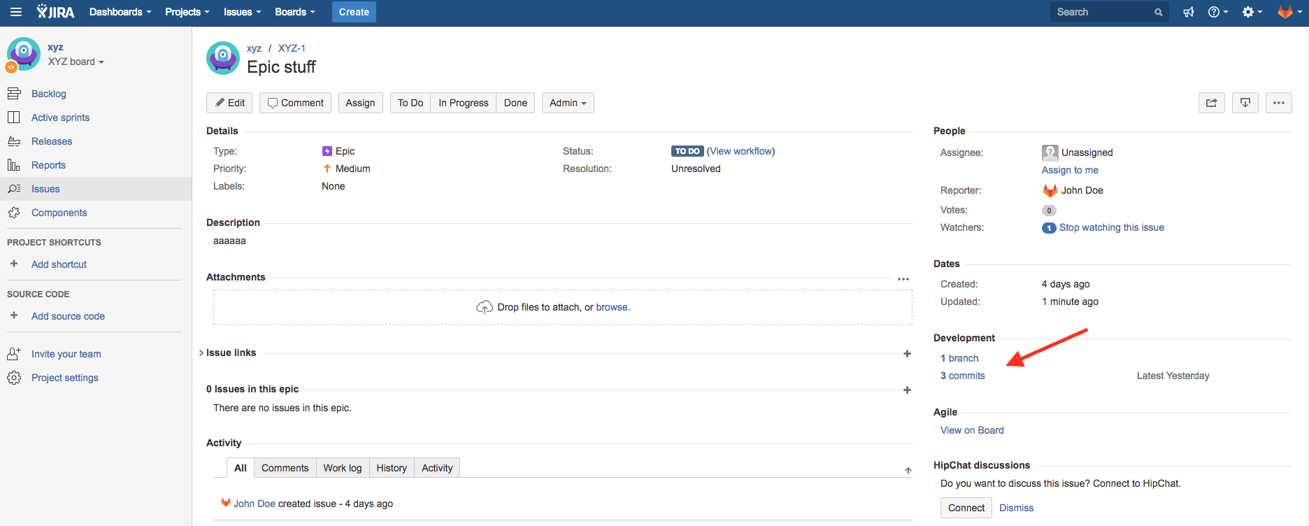 Branch and Commit links on JIRA issue